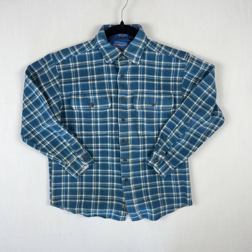 Pendleton Boys Blue Plaid Wool Board Shirt Made in USA Size L